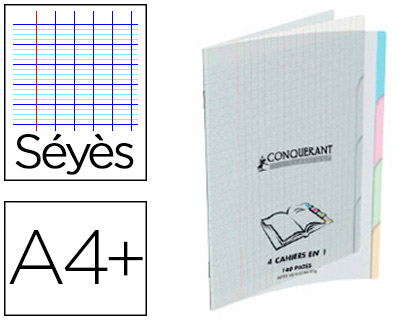 CAHIER PIQUÉ CONQUÉRANT CLASSIQUE 4EN1 POLYPROPYLÈNE 4 ONGLETS A4+ 24X32CM 140 PAGES 90G SÉYÈS