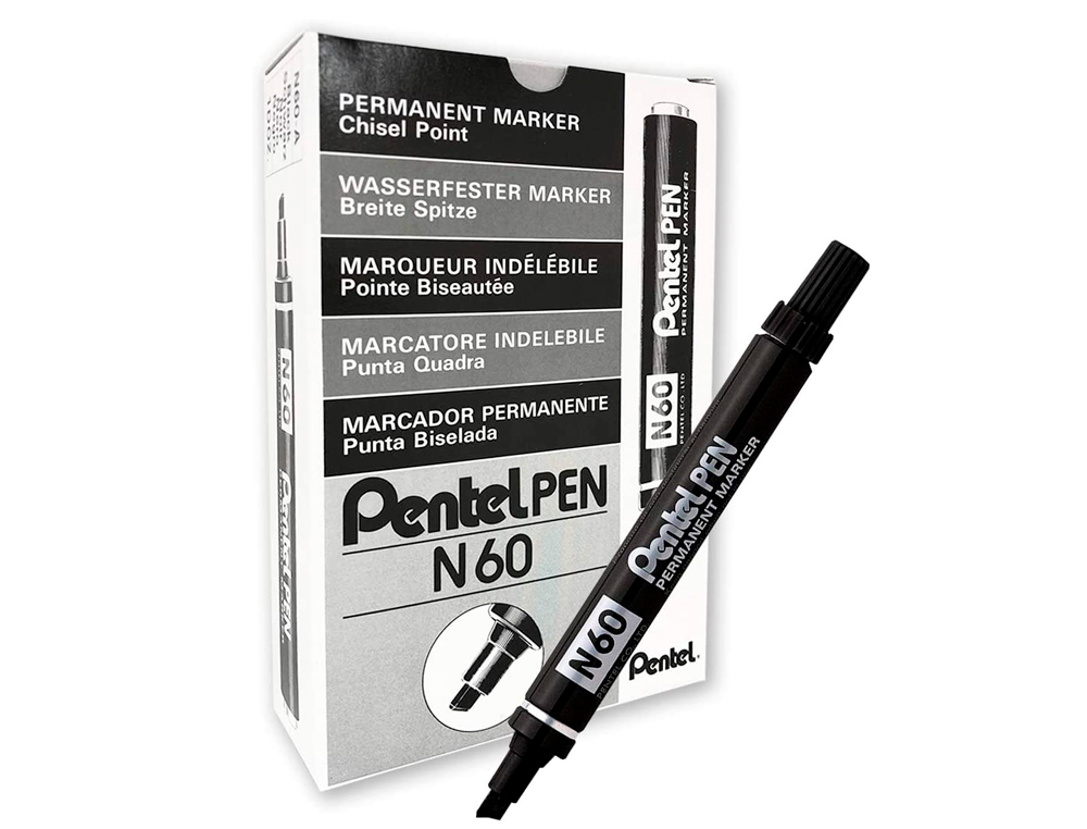 MARQUEUR PENTEL N60 PERMANENT POINTE BISEAUTÉE 3.9/5.7MM ENCRE À SOLVANT INDÉLÉBILE TOUS SUPPORTS CORPS MÉTAL NOIR