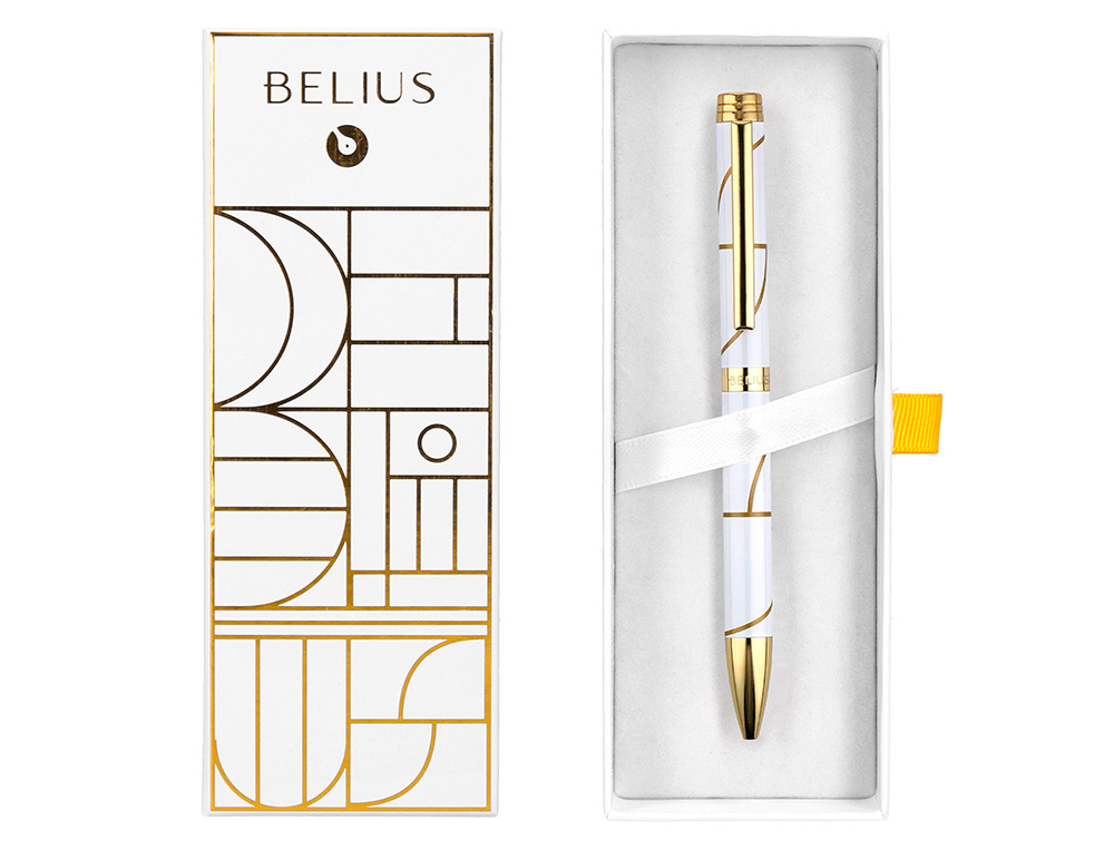 STYLO-BILLE BELIUS CARTE BLANCHE ALUMINIUM DETAILS ET ATTRIBUTS OR ENCRE BLEUE COLORIS BLANC DANS COFFRET CADEAU