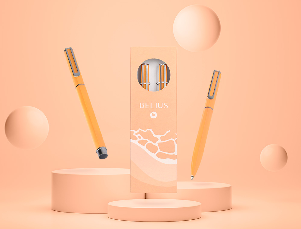 PARURE STYLO-BILLE ET ROLLER BELIUS ENDLESS SUMMER ALUMINIUM ATRIBUTS ARGENT ENCRE BLEUE COLORIS ORANGE COFFRET CADEAU