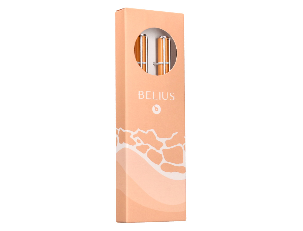 PARURE STYLO-BILLE ET ROLLER BELIUS ENDLESS SUMMER ALUMINIUM ATRIBUTS ARGENT ENCRE BLEUE COLORIS ORANGE COFFRET CADEAU