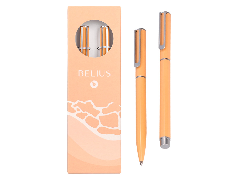 PARURE STYLO-BILLE ET ROLLER BELIUS ENDLESS SUMMER ALUMINIUM ATRIBUTS ARGENT ENCRE BLEUE COLORIS ORANGE COFFRET CADEAU