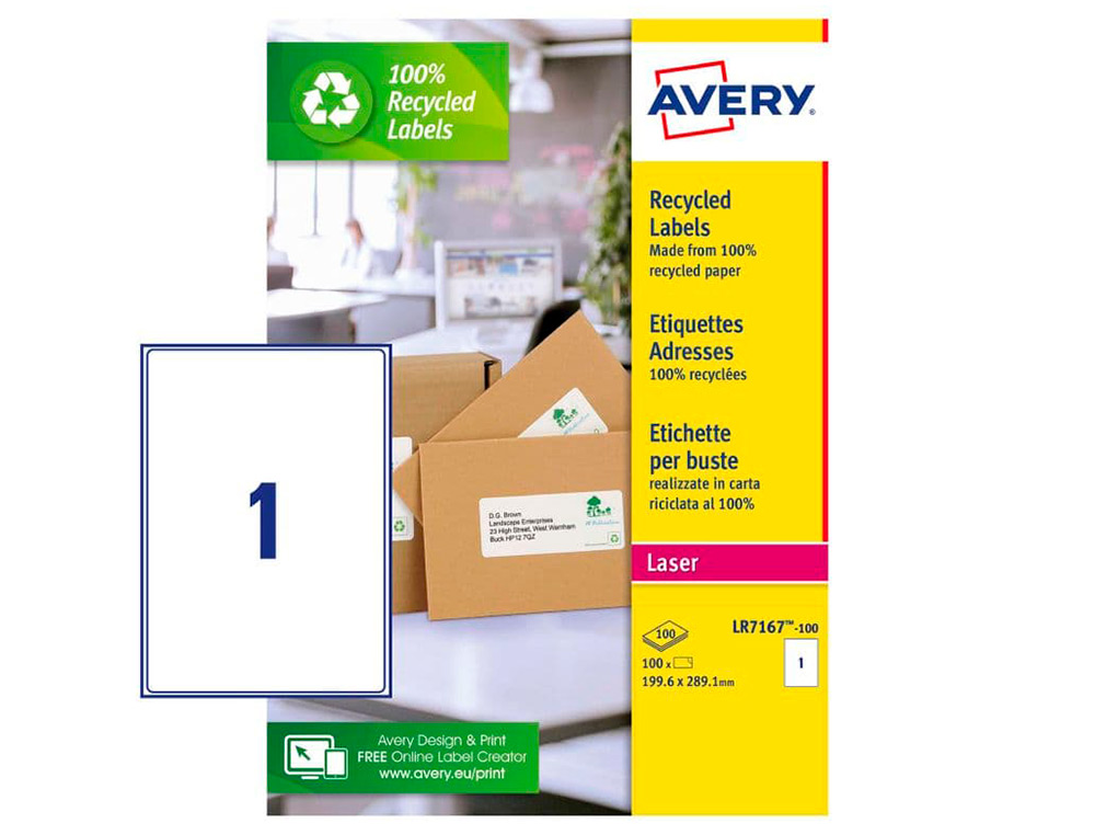 ETIQUETTE AUTOCOLLANTE AVERY ADRESSE RECYCLEE LASER BLANC 199,6 X 289,1 MM BOITE DE 100