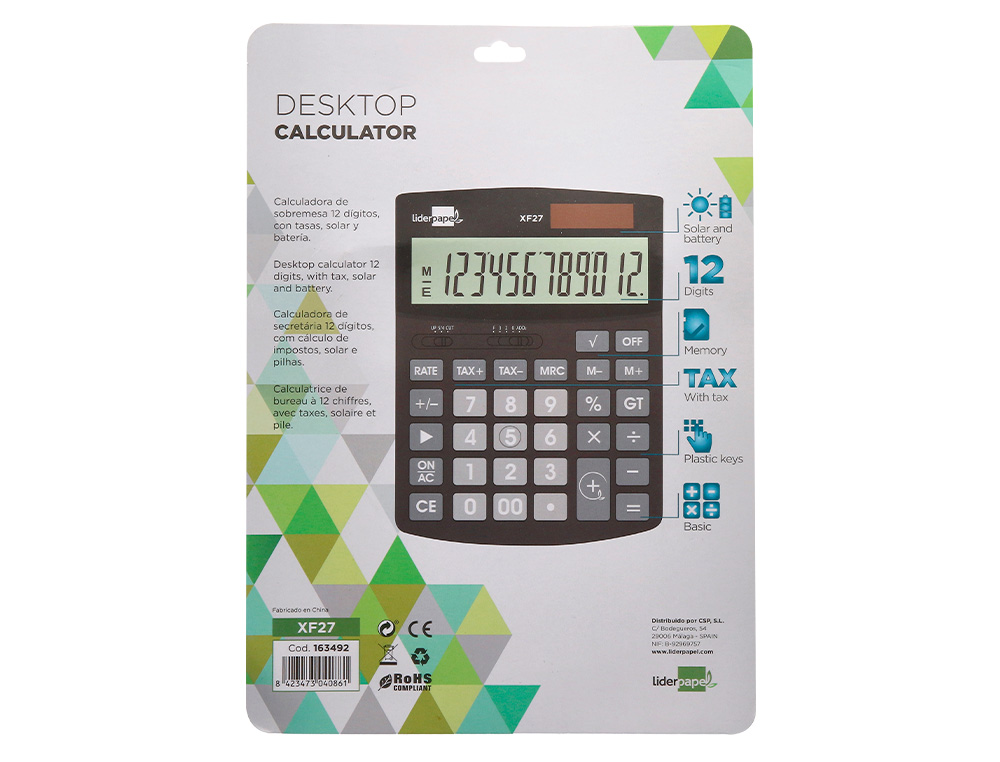 CALCULATRICE DE BUREAU LIDERPAPEL XF27 12 CHIFFRES TAXES SOLAIRE ET PILES COLORIS NOIR 155X115X25 MM