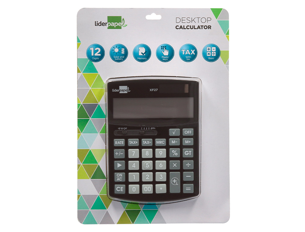 CALCULATRICE DE BUREAU LIDERPAPEL XF27 12 CHIFFRES TAXES SOLAIRE ET PILES COLORIS NOIR 155X115X25 MM