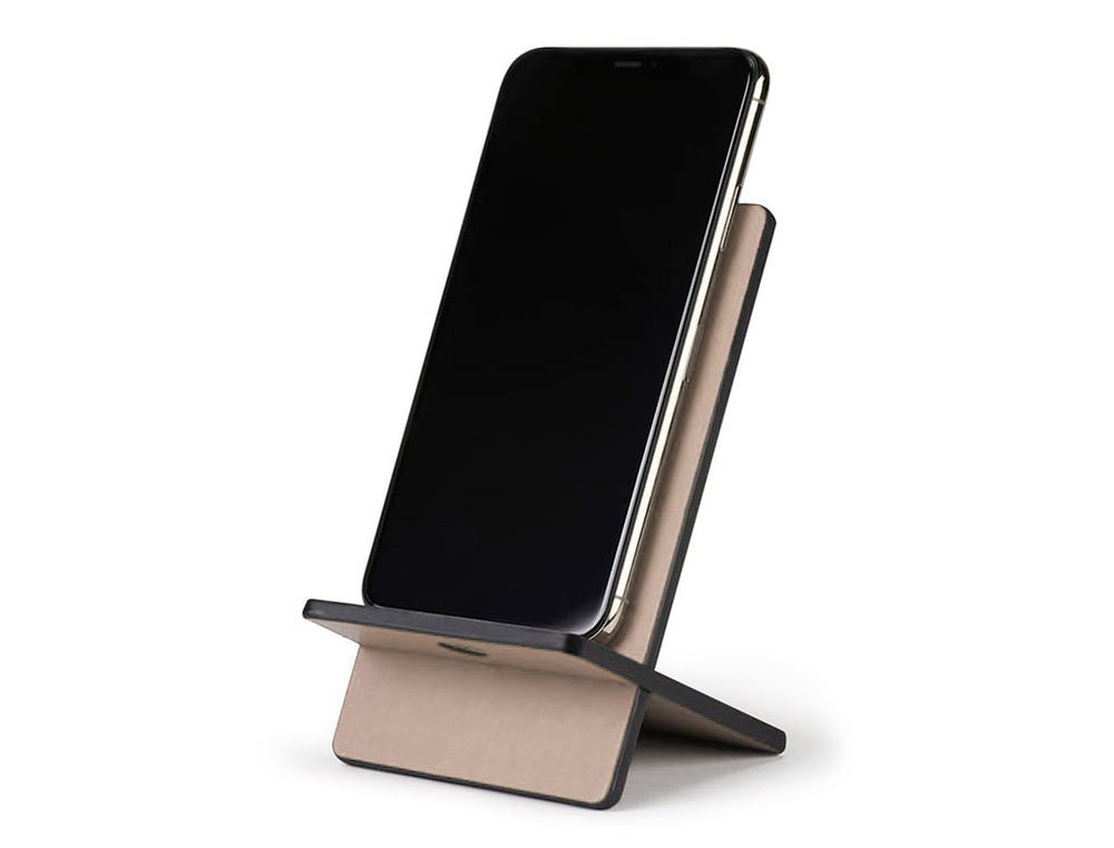 SUPPORT RHODIARAMA POUR T L PHONE MOBILE EN SIMIL     CUIR TAUPE 8X8X13,5CM