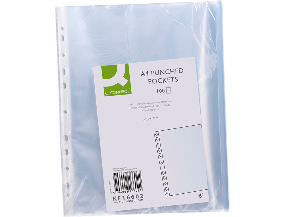 POCHETTE Q-CONNECT POLYPROPYLÈNE LISSE 10/100E ECO PERFORÉE ANTISTATIQUE A4 210X297MM SACHET 100 UNITÉS
