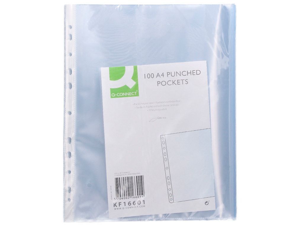 POCHETTE Q-CONNECT POLYPROPYLÈNE LISSE 8/100E PERFORÉE CRISTAL ANTISTATIQUE A4 210X297MM SACHET 100 UNITES