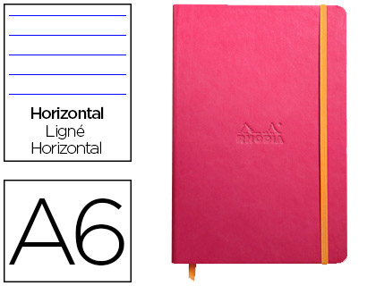 CARNET RHODIA WEBNOTEBOOK A6 9X14CM COUVERTURE SIMILI CUIR FRAMBOISE 192 PAGES 90G LIGN LASTIQUE MARQUE-PAGE ORANGE