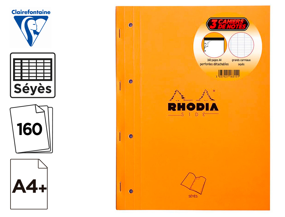 BLOC AGRAFE RHODIA A4+ 21X31,8CM 160 PAGES SEYES     MICROPERFOREES DETACHABLES 4  TROUS LOT 3 UNITES
