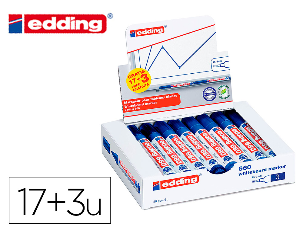 MARQUEUR EDDING E-660 TABLEAUX BLANCS EFFACABLE A   SEC POINTE MOYENNE TRACE      1,5/3MM BLEU PACK 17 + 3