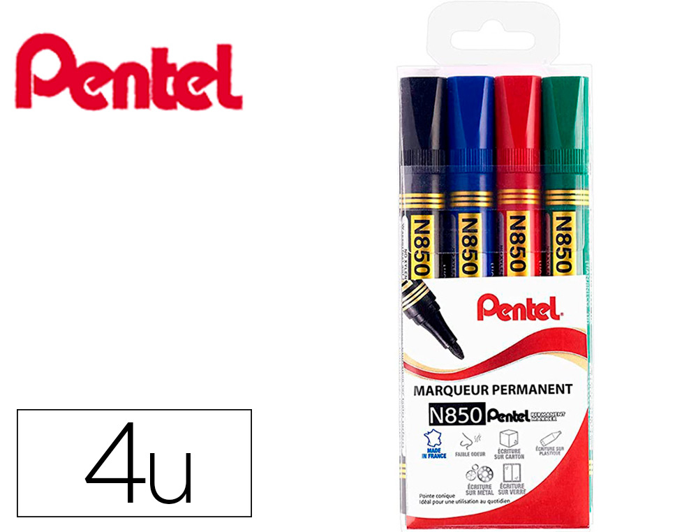 MARQUEUR PENTEL PERMANENT N850 POINTE CONIQUE MOYENNE ENCRE FAIBLE ODEUR POCHETTE 4 UNITES COLORIS NOIR BLEU VERT ROUGE