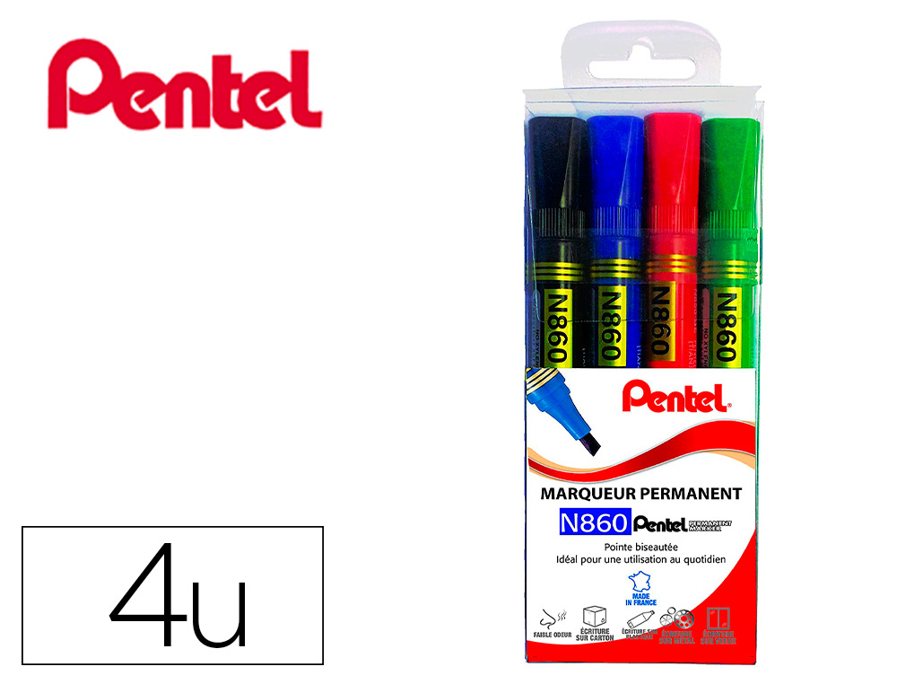 MARQUEUR PERMANENT PENTEL N860 POINTE BISEAUTEE MOYENNE ENCRE INDELEBILE POCHETTE 4   UNITES NOIR BLEU VERT ROUGE