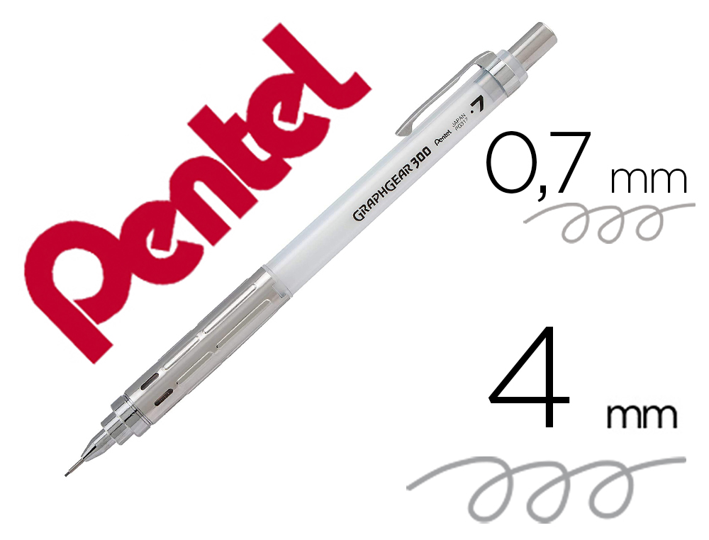 PORTE-MINES PENTEL GRAPHGEAR 300 CANON FIXE 4MM MINE 0,7MM GRIP METAL GOMME AVEC CAPUCHONCORPS METAL COLORIS BLANC