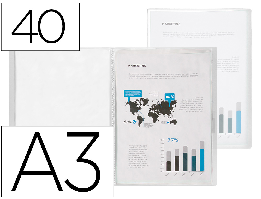 PROTEGE-DOCUMENTS LIDERPAPEL POLYPROPYLENE COUVERTURE      FLEXIBLE 40 POCHETTES FIXES   A3 COLORIS TRANSPARENT
