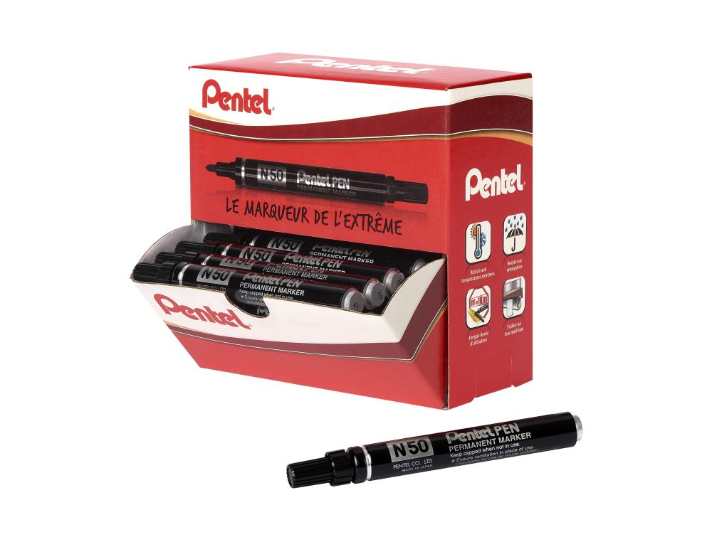 MARQUEUR PENTEL N50 PERMANENT POINTE OGIVE 4.3MM ENCRE A SOLVANT INDELEBILE TOUS SUPPORTS CORPS METAL NOIR PACK 36 UNI