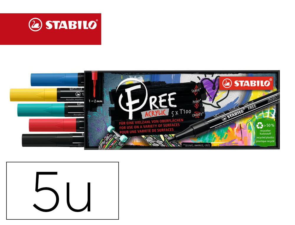 MARQUEUR STABILO ROYAL FREE ACRYLIC TOUTES SURFACES T100  POINTE FINE SET 2 COLORIS     ASSORTIS COFFRET 5 UNITES