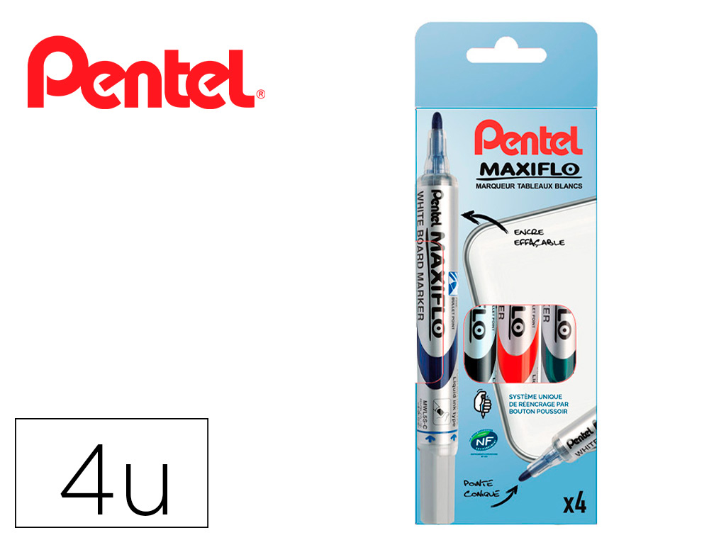 MARQUEUR PENTEL MAXIFLO EFFAABLE TABLEAU BLANC POINTE CONIQUE TRAC 1,6MM CRITURE 1000M CORPS PLASTIQUE RECYCL 4U