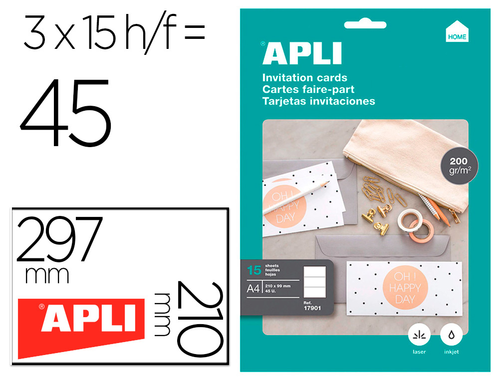 CARTES FAIRE-PART APLI 210X99MM 200G 15 FEUILLES A4  DE 3 CARTES PACK DE 45 CARTES