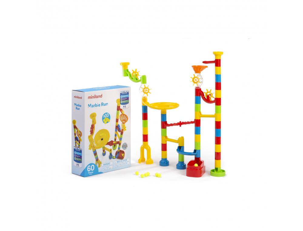 CIRCUIT DE BILLES MARBLE RUN MINILAND CHEMINS TUBULAIRE    RAILS ET ROUES 50 PIECES ET   10 BILLES