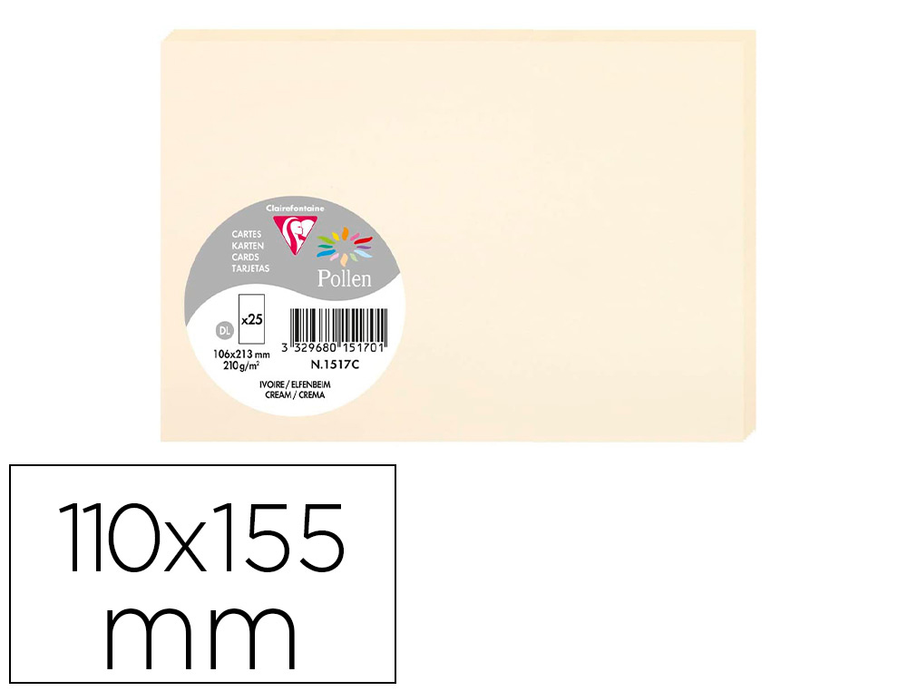 PAPIER CORRESPONDANCE CLAIREFONTAINE POLLEN 210G/M2 110X155MM COLORIS IVOIRE PAQUET 25 FEUILLES